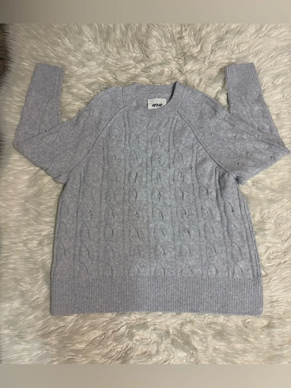 aerie unReal Light Gray Pearl-Embellished Cable Crewneck Sweater - Picture 5 of 12